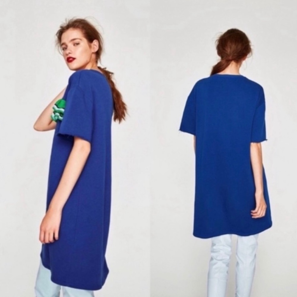 NWT Zara Trafaluc Royal Blue Oversized Sporty Top with Kelly Green Ruffle Sz S